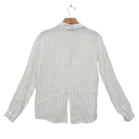 Saks Fifth Avenue Top Womens Small White Linen Pinstripe V-Neck Long Sleeve - Picture 4 of 12